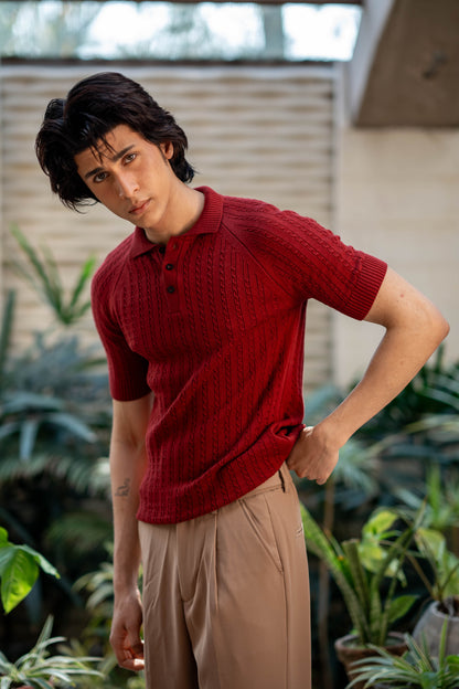 Cable-Knit Polo Shirt in Maroon