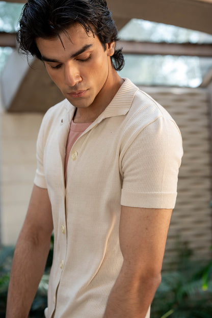 Knitted Button Through Polo in Ivory