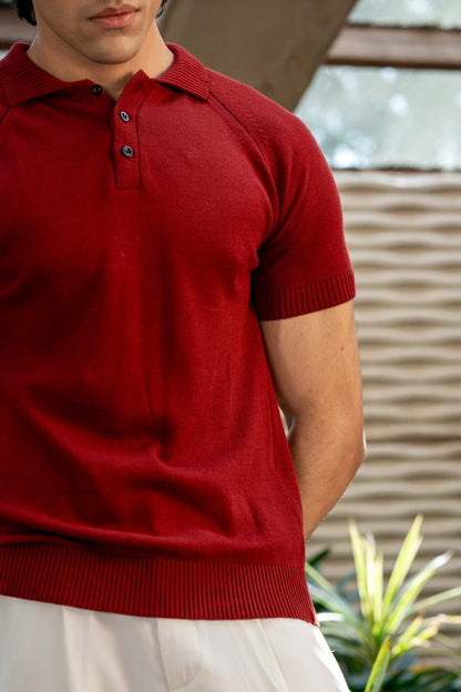 Fine-Knit Polo Shirt in Maroon