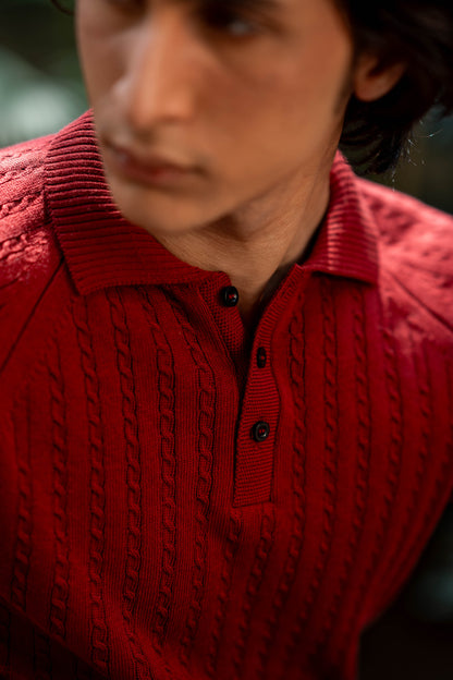 Cable-Knit Polo Shirt in Maroon