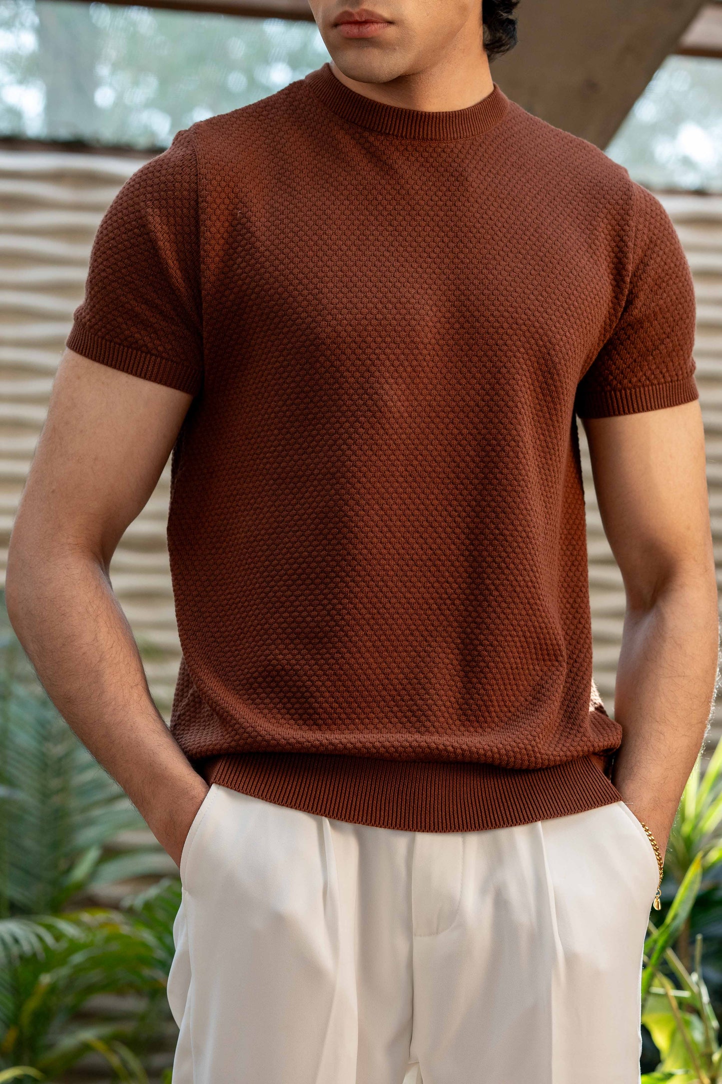 Popcorn-Knit Crew Neck in Burnt Brown