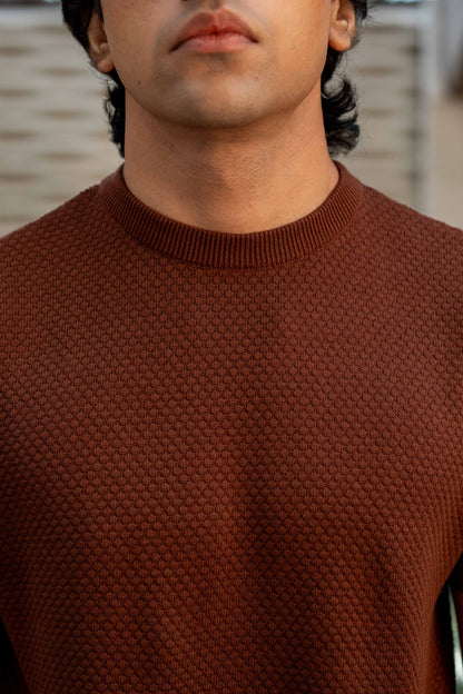 Popcorn-Knit Crew Neck in Burnt Brown