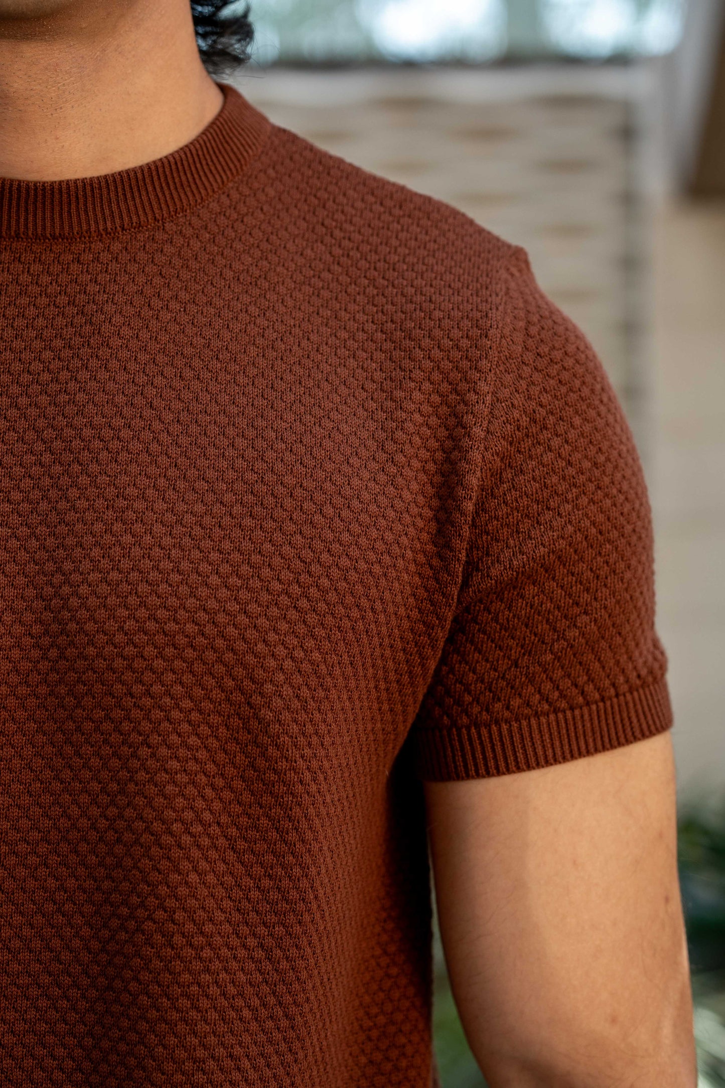 Popcorn-Knit Crew Neck in Burnt Brown