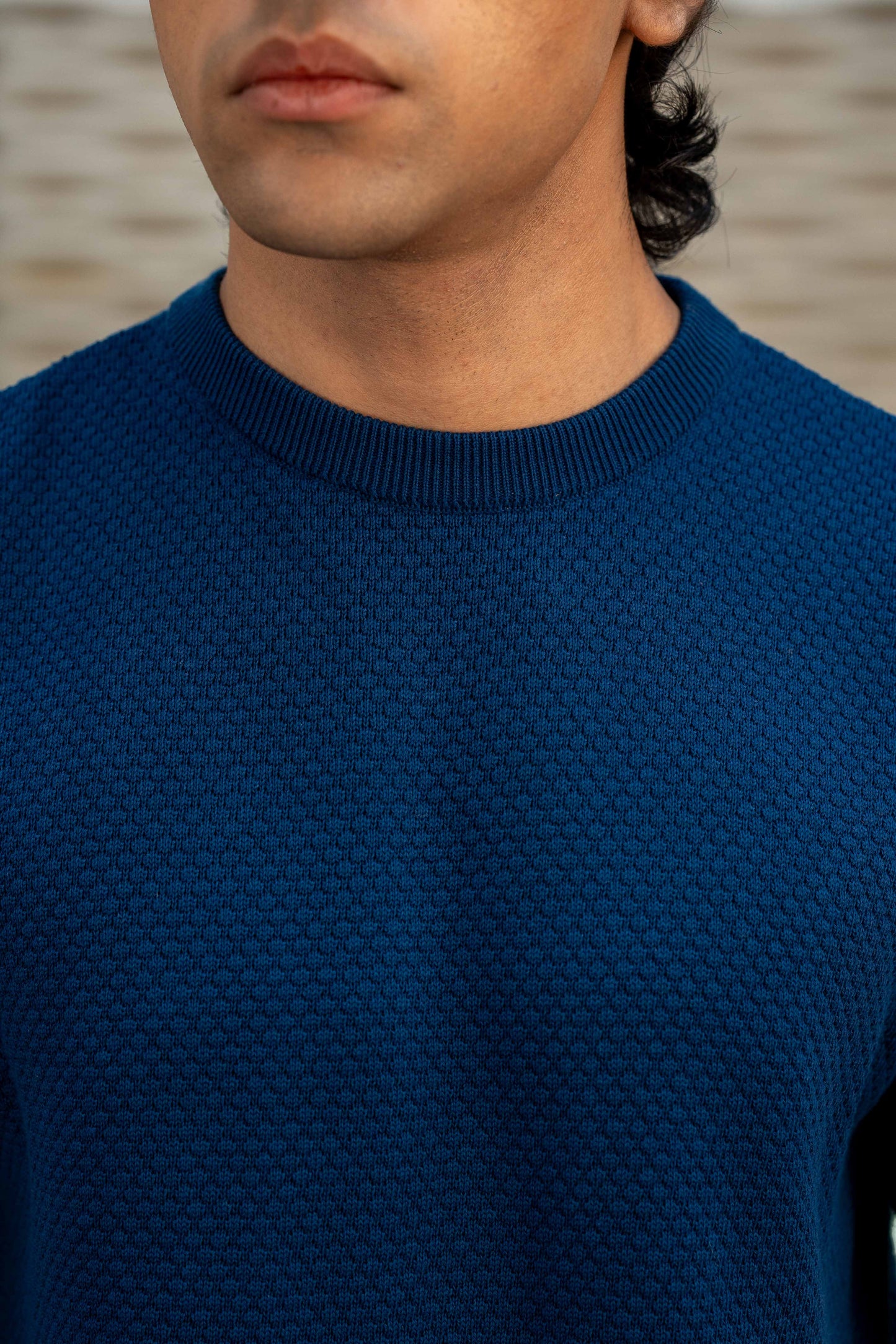 Popcorn-Knit Crew Neck in Oxford Blue