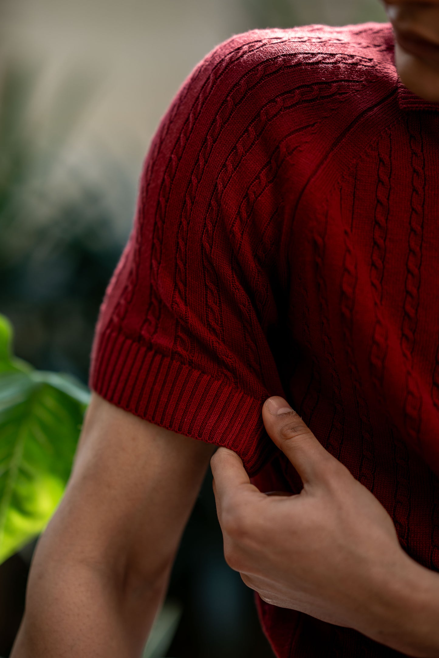 Cable-Knit Polo Shirt in Maroon