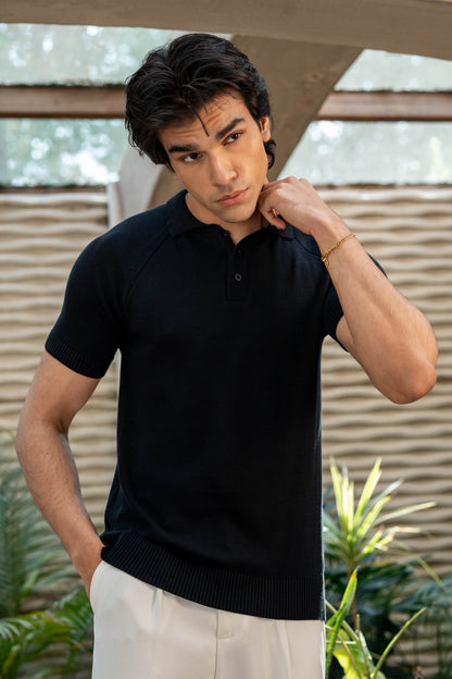 Fine-Knit Polo Shirt in Black