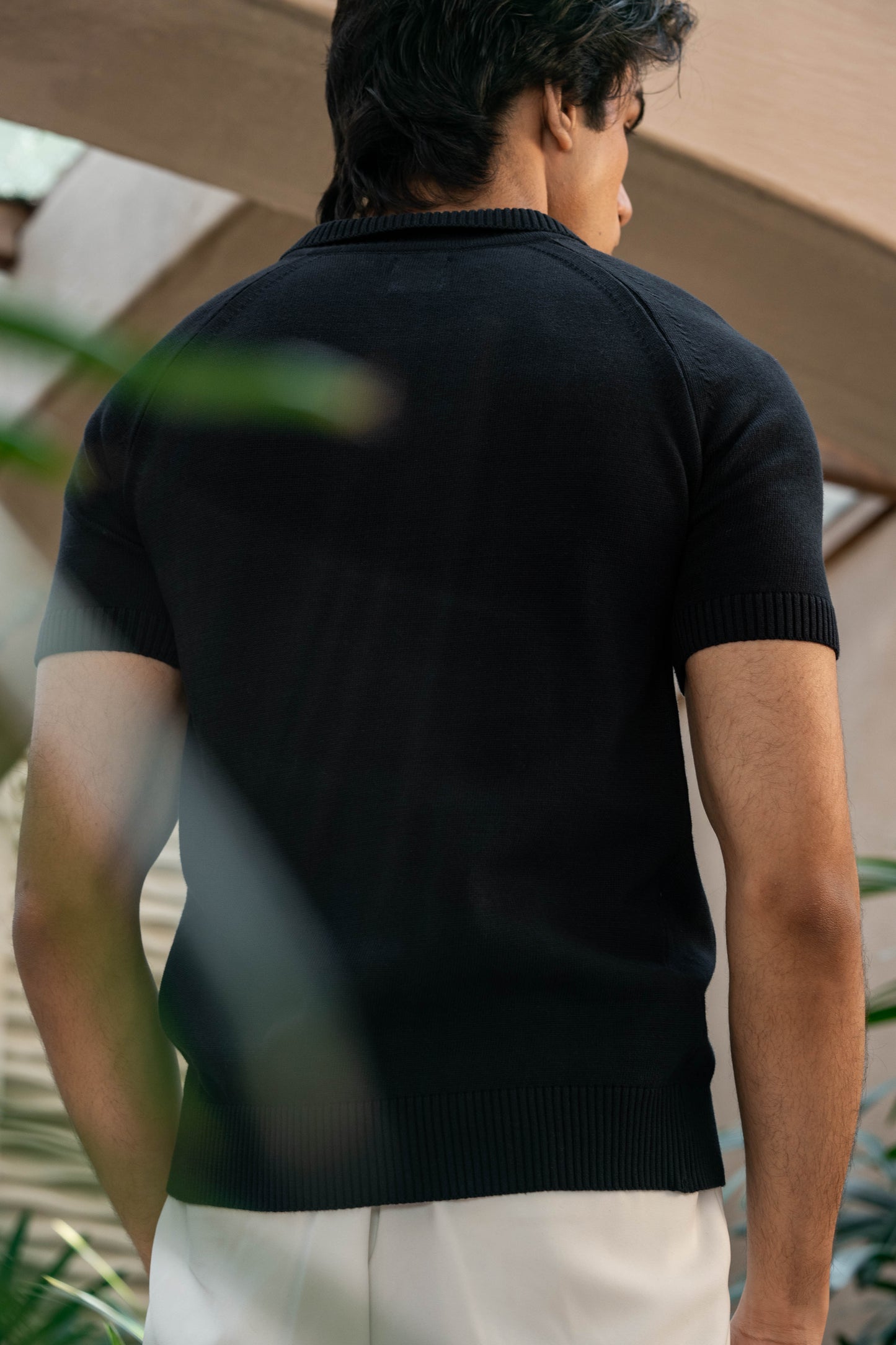 Fine-Knit Polo Shirt in Black