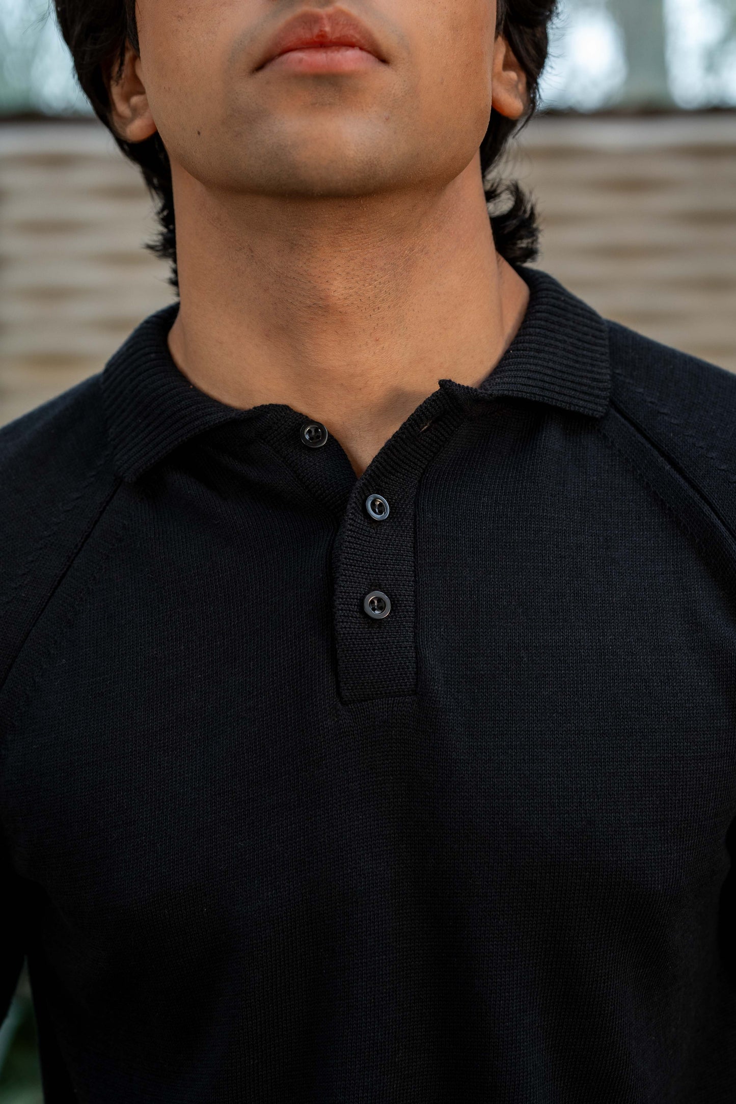 Fine-Knit Polo Shirt in Black