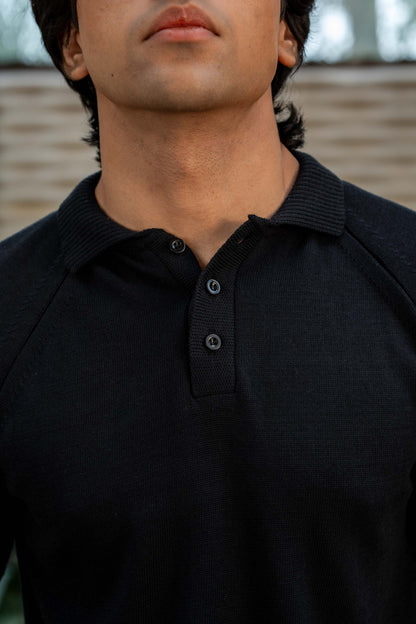 Fine-Knit Polo Shirt in Black