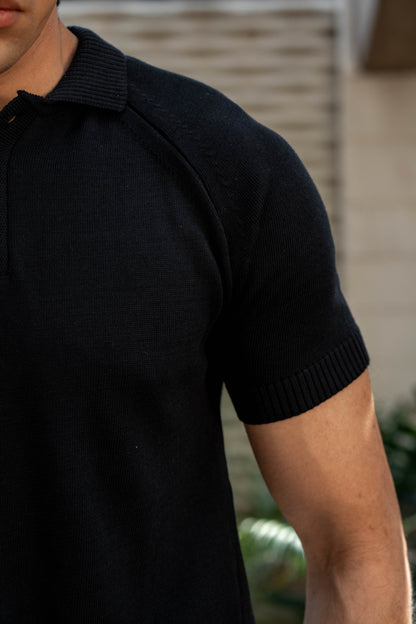 Fine-Knit Polo Shirt in Black