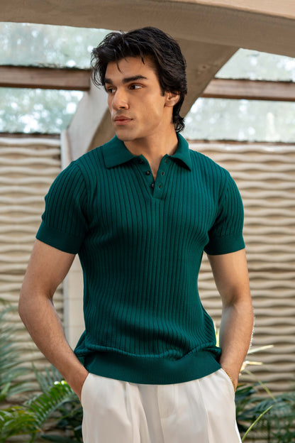 Rib-Knit Polo Shirt in Brunswick Green