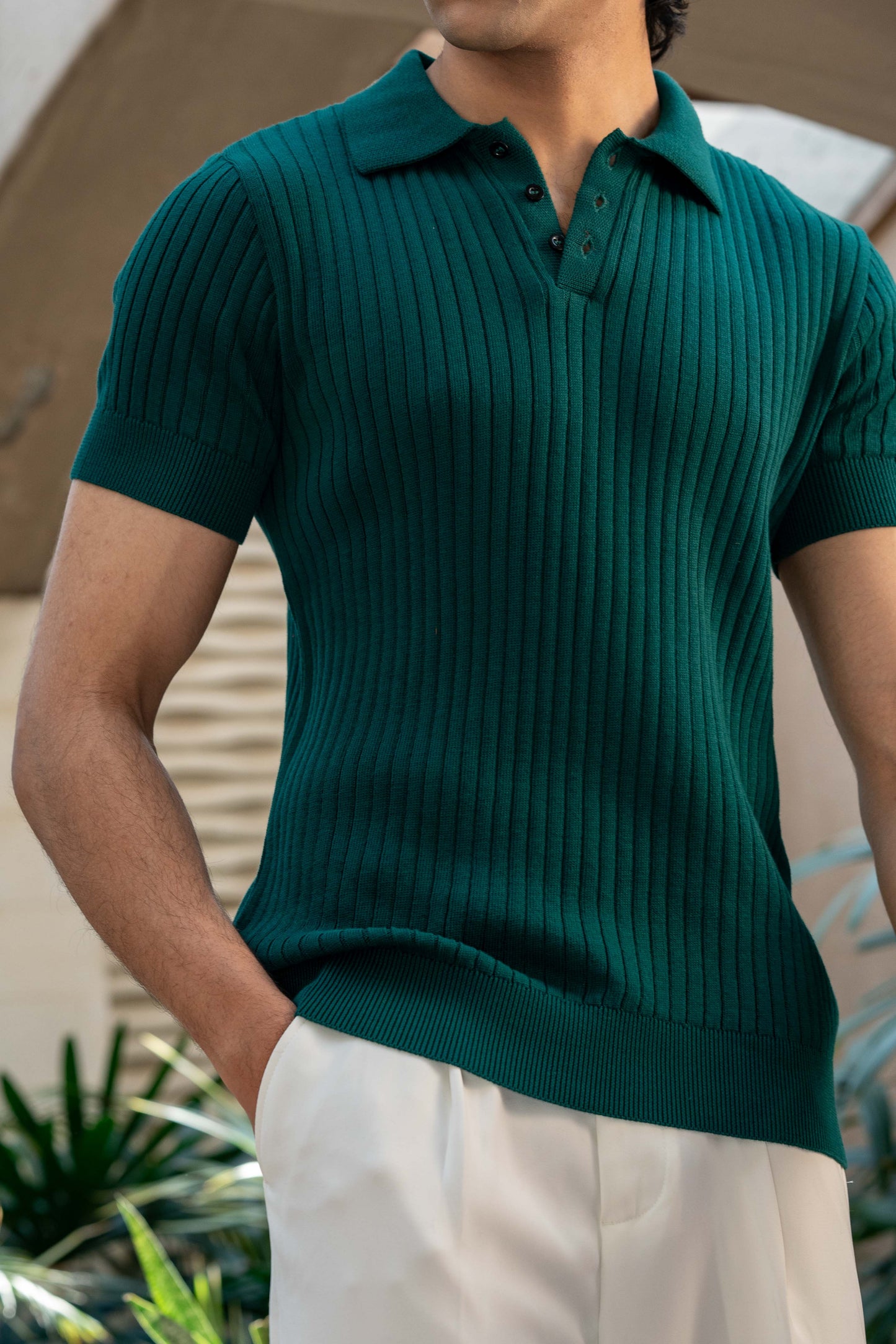 Rib-Knit Polo Shirt in Brunswick Green