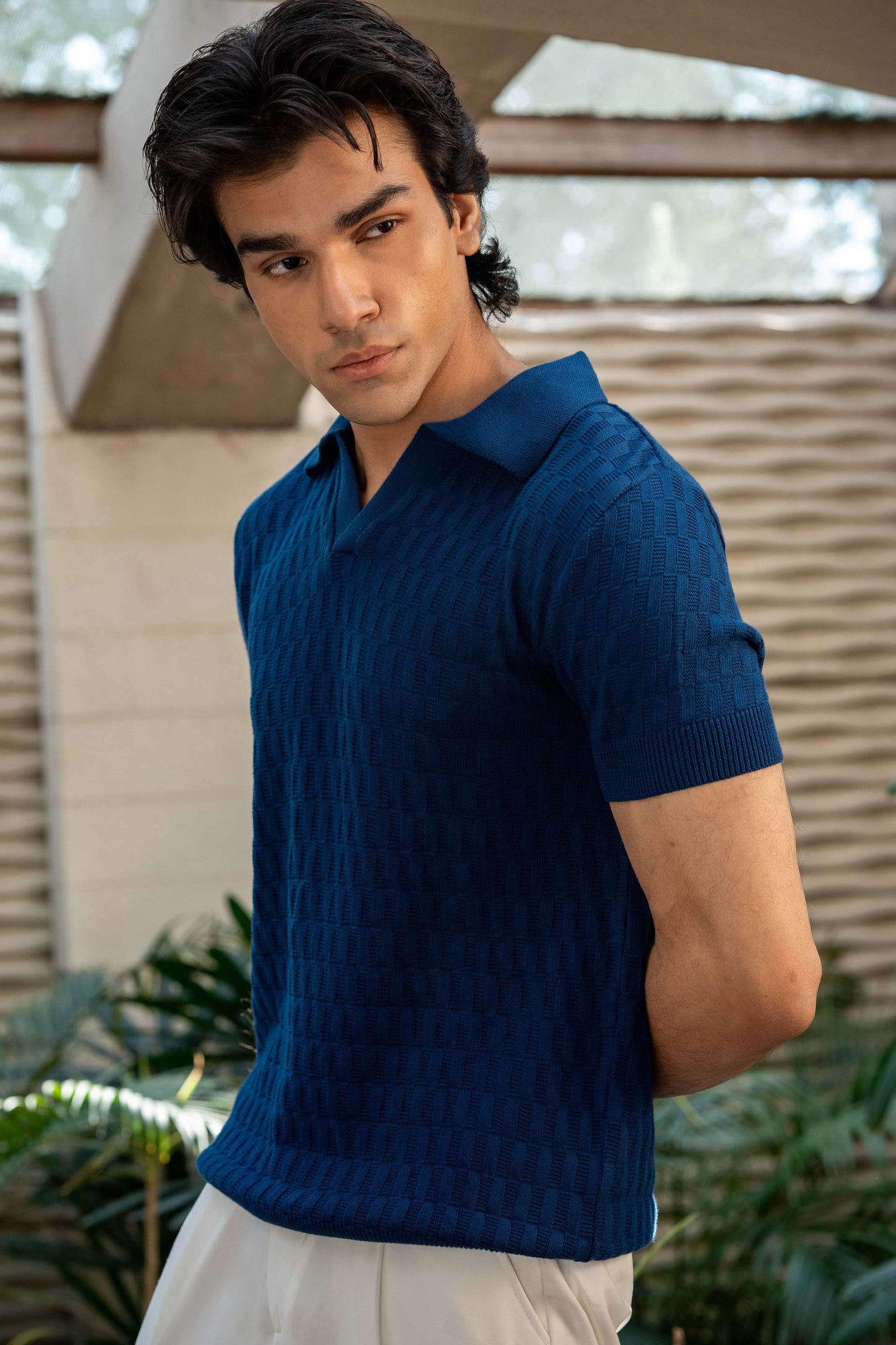 Pearl-Knit Polo Shirt in Oxford Blue