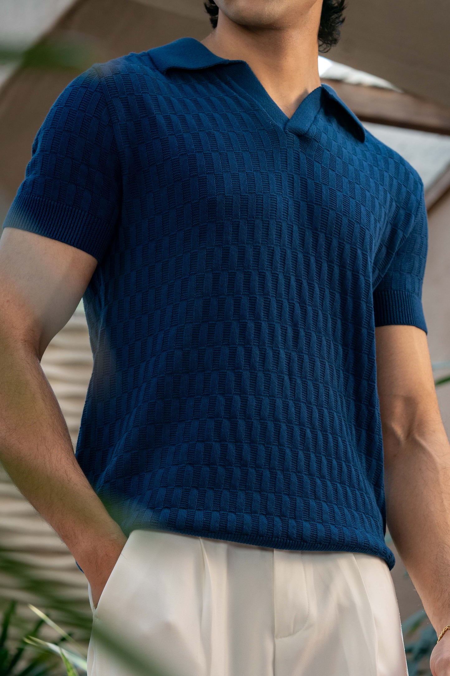 Pearl-Knit Polo Shirt in Oxford Blue