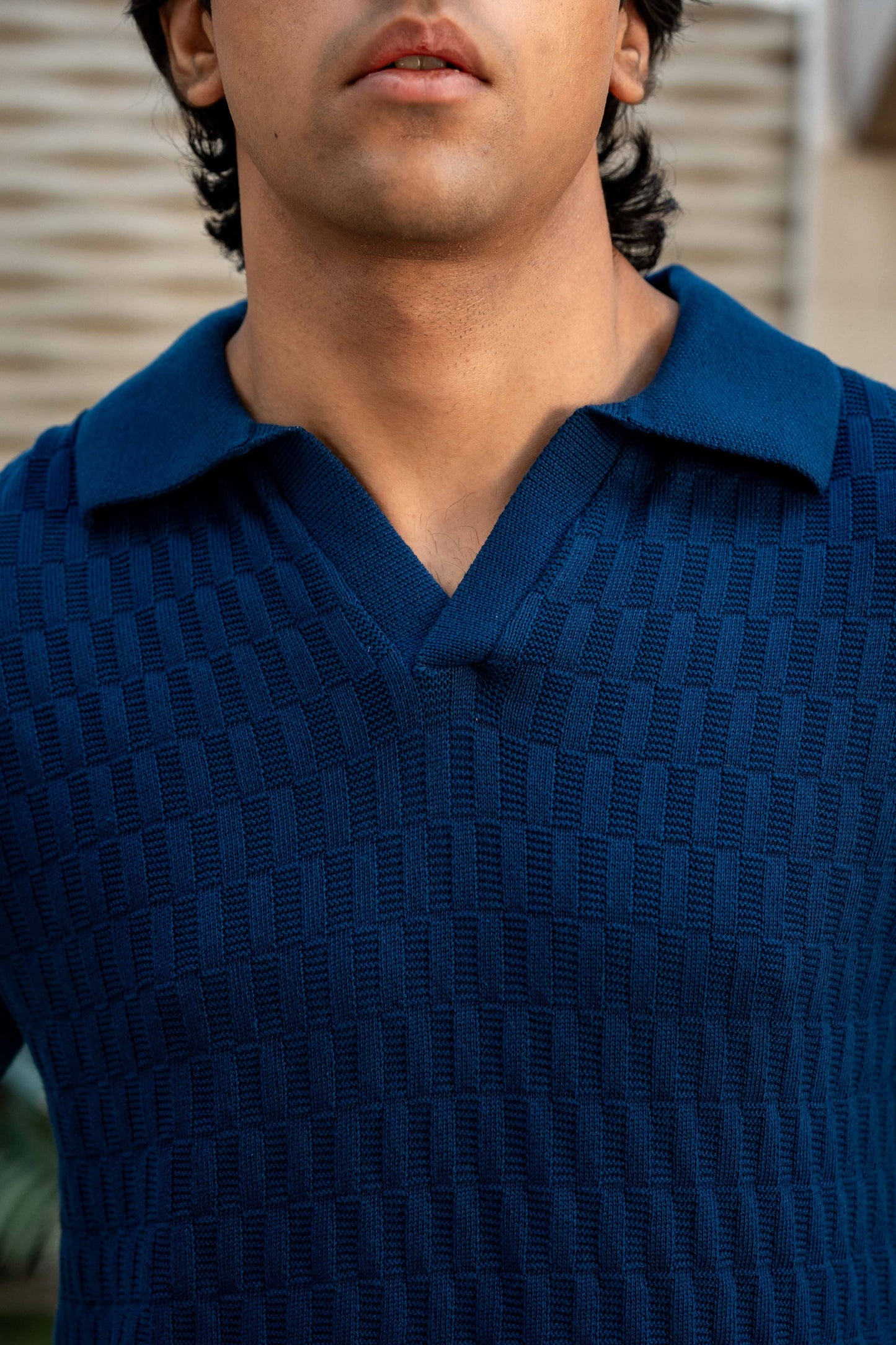 Pearl-Knit Polo Shirt in Oxford Blue