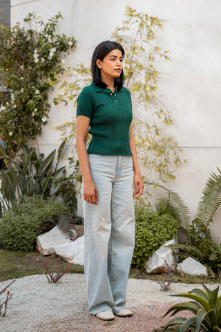 Rib-Knit Polo Top in Brunswick Green