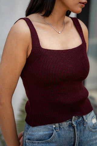Knitted Square Neck Camisole Top in Maroon