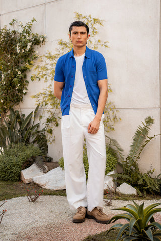 Knitted Button-Up Polo in Deep Blue