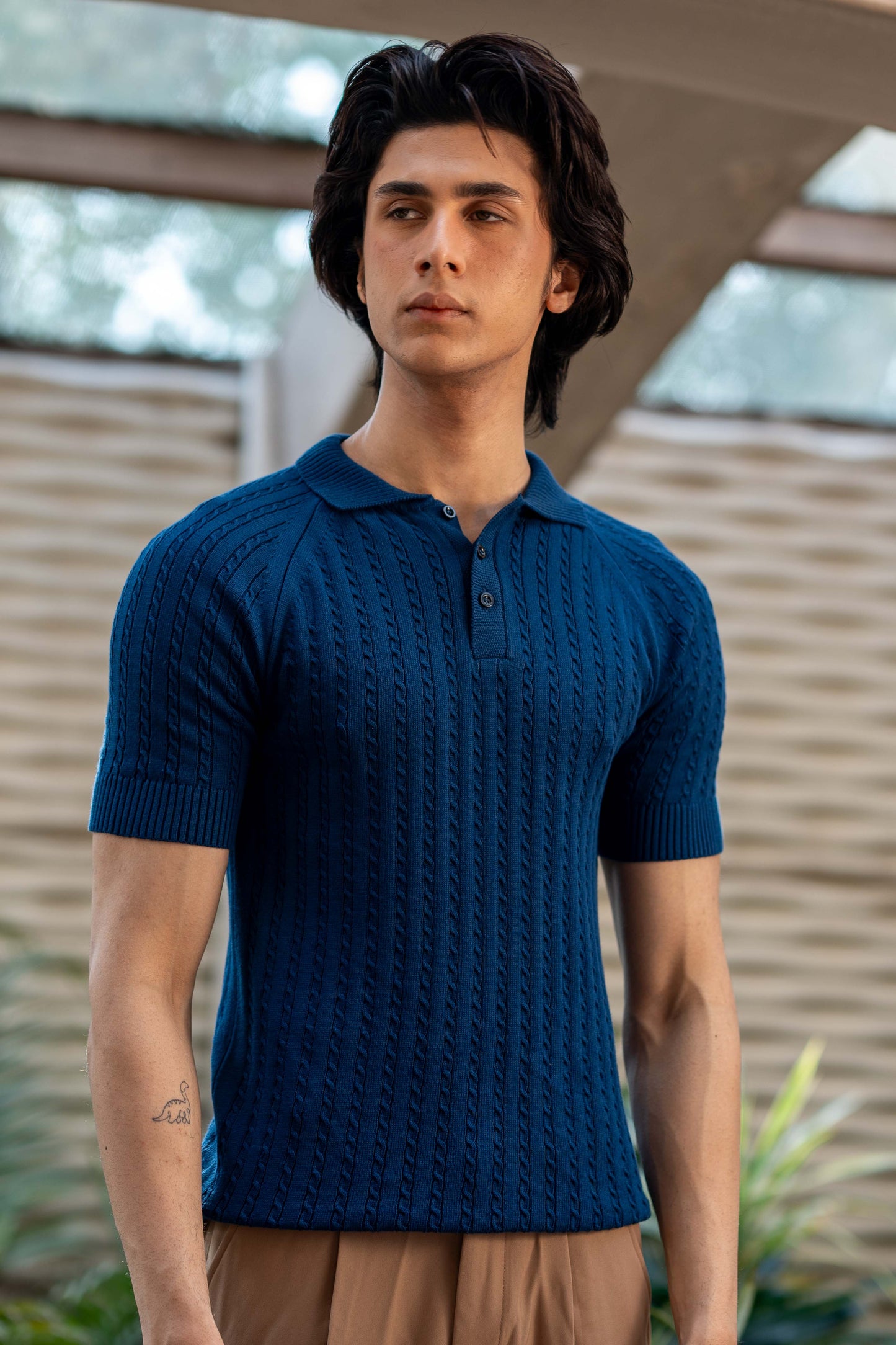 Cable-Knit Polo Shirt in Oxford Blue