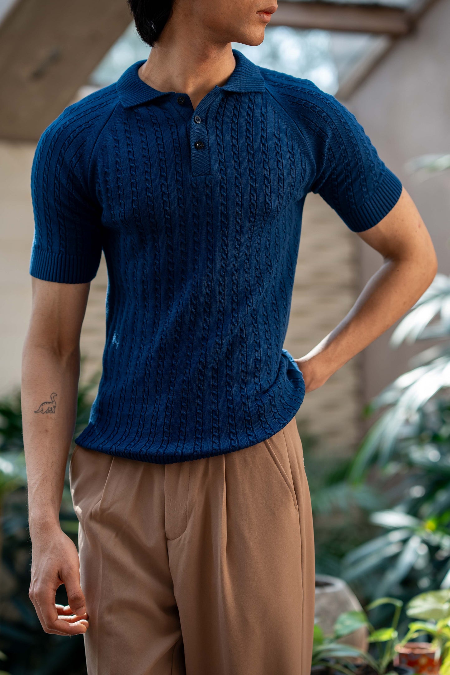 Cable-Knit Polo Shirt in Oxford Blue