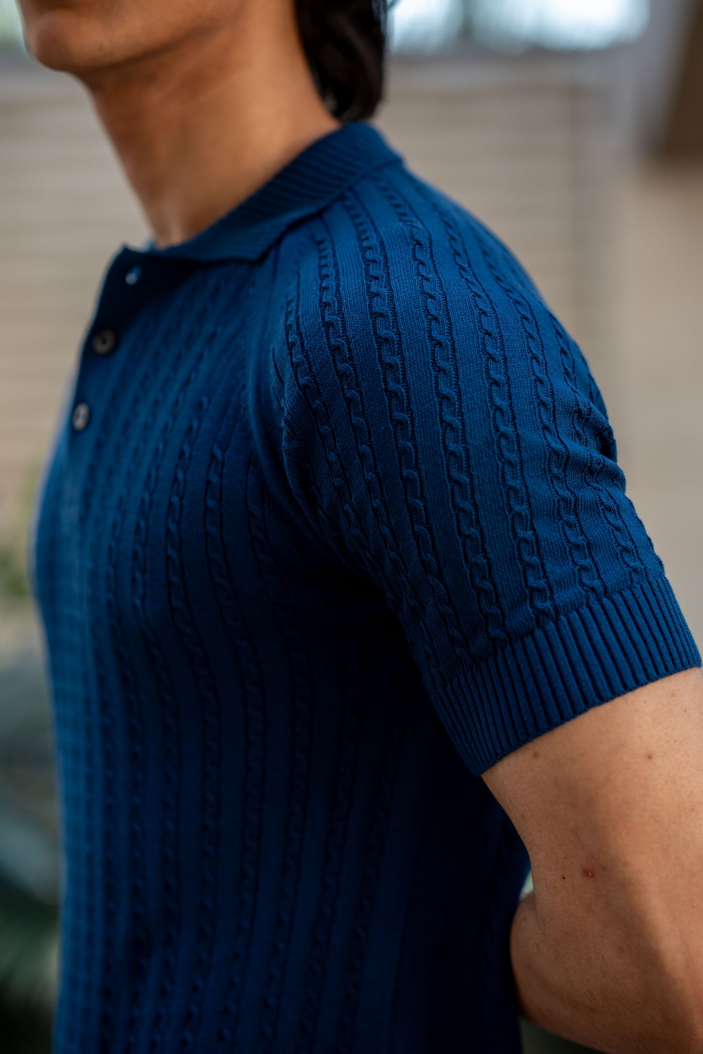 Cable-Knit Polo Shirt in Oxford Blue