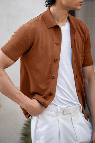 Knitted Button-Up Polo in Rust Orange SHIRT ATTIR-MEN