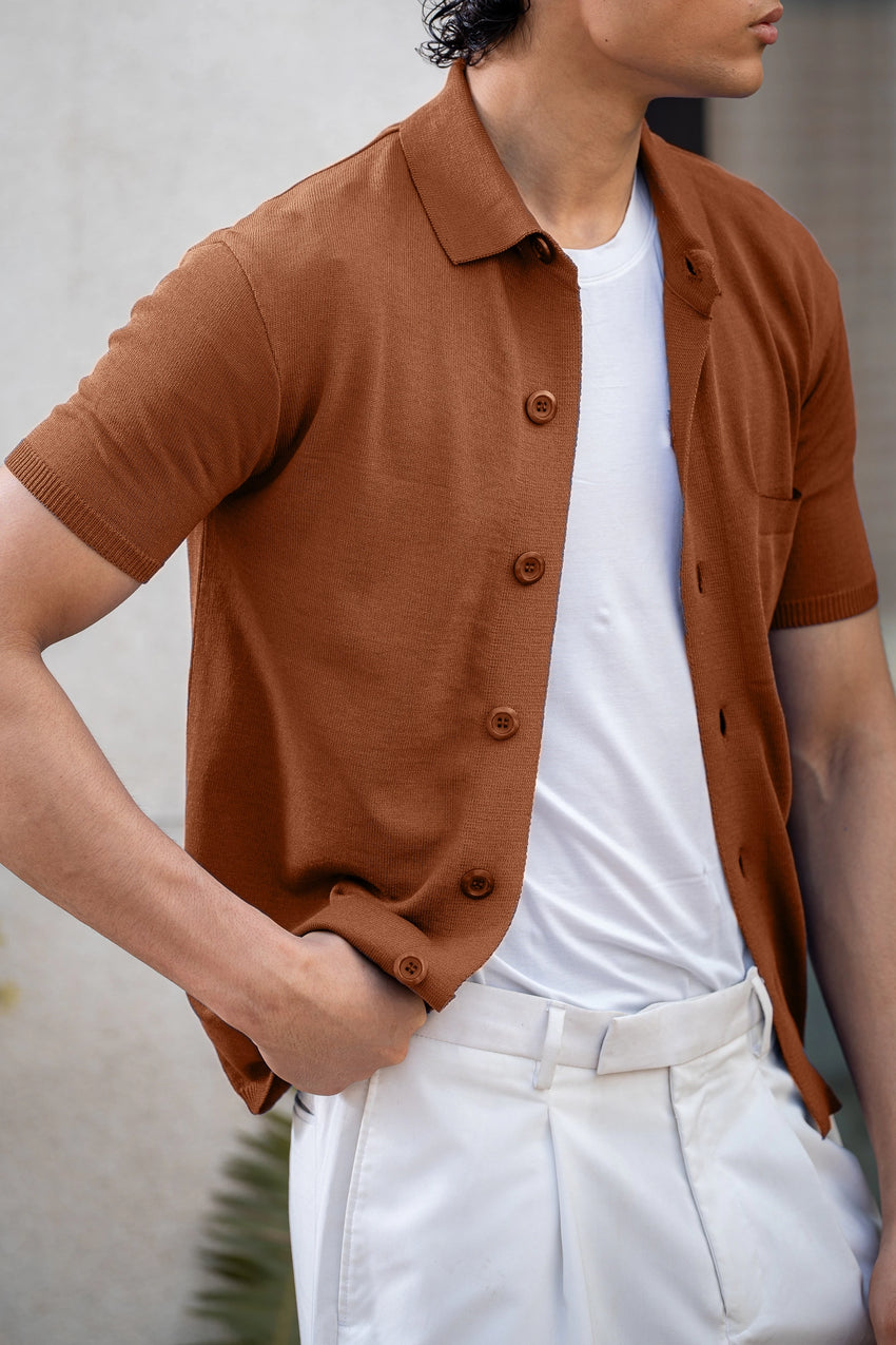 Knitted Button-Up Polo in Rust Orange SHIRT ATTIR-MEN