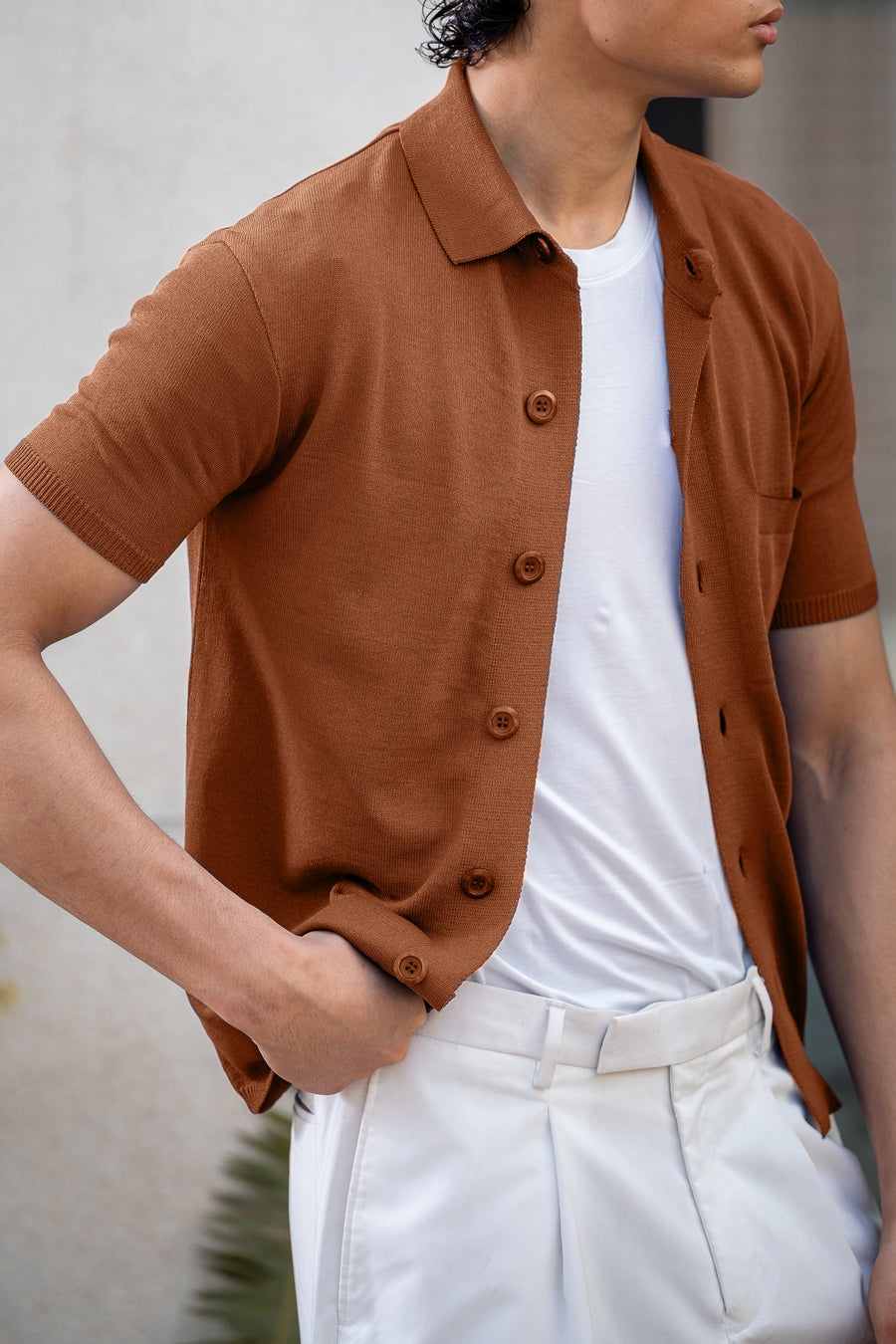 Knitted Button-Up Polo in Rust Orange