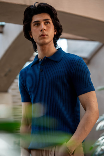 Rib-Knit Polo Shirt in Oxford Blue