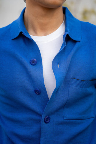 Knitted Button-Up Polo in Deep Blue