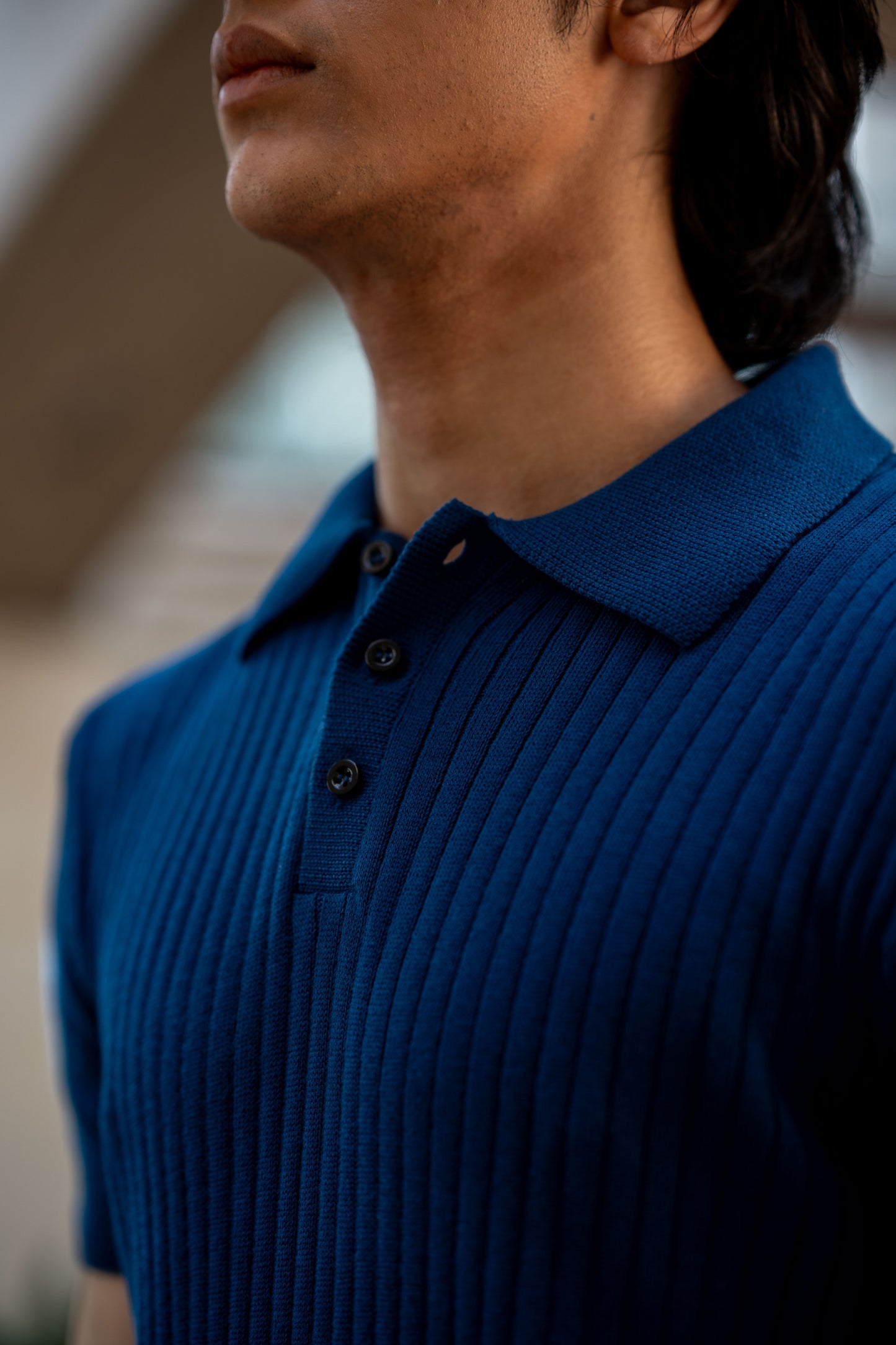 Rib-Knit Polo Shirt in Oxford Blue