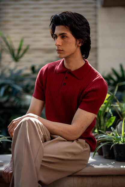 Rib-Knit Polo Shirt in Maroon
