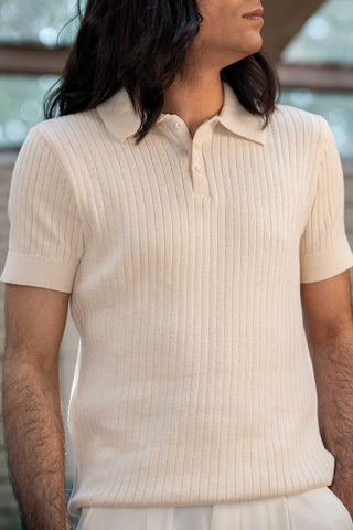 Rib-Knit Polo Shirt in Ivory