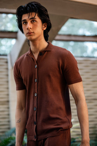 Knitted Button Through Polo in Burnt Brown