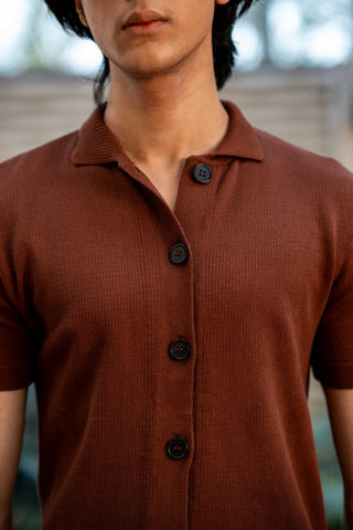 Knitted Button Through Polo in Burnt Brown