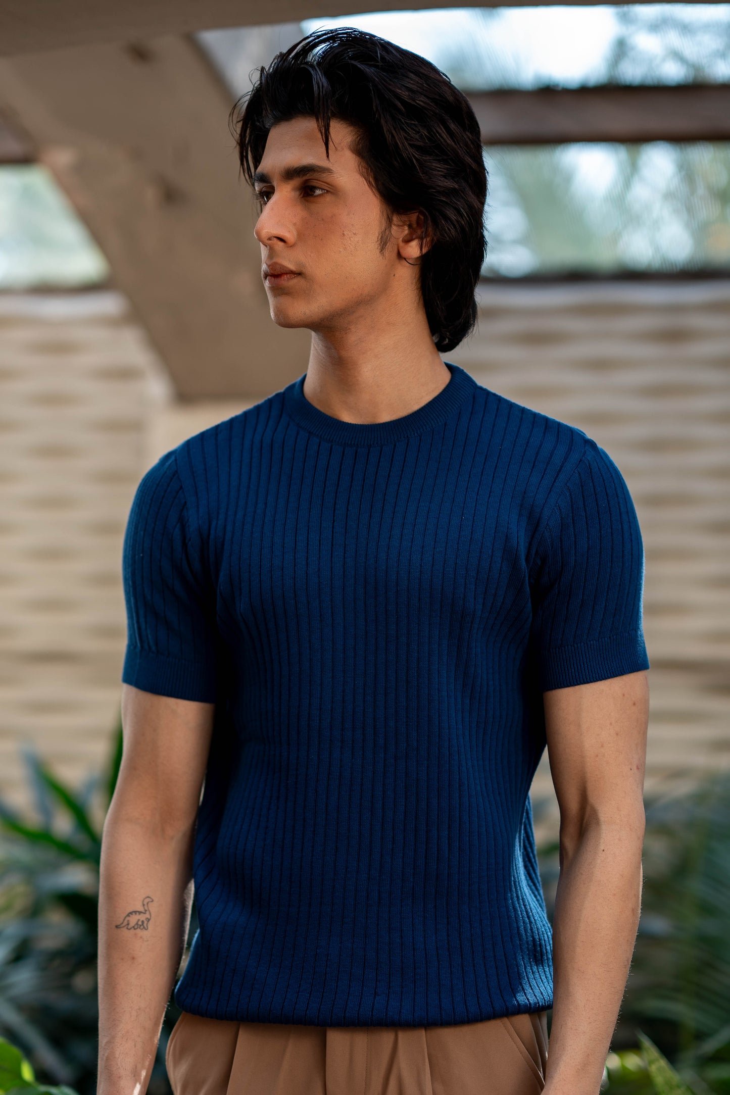 Rib-Knit Crew Neck in Oxford Blue