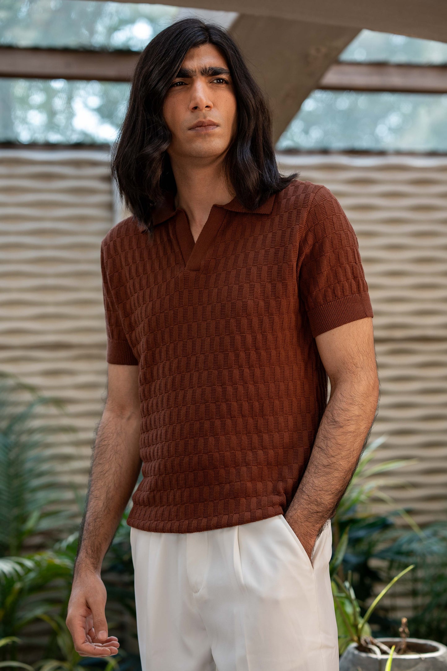 Pearl-Knit Polo Shirt in Burnt Brown