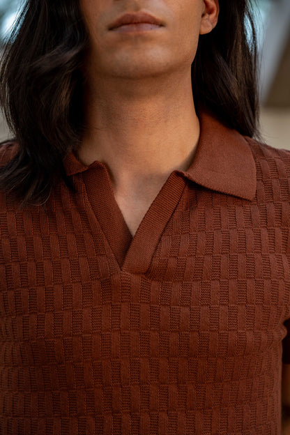 Pearl-Knit Polo Shirt in Burnt Brown