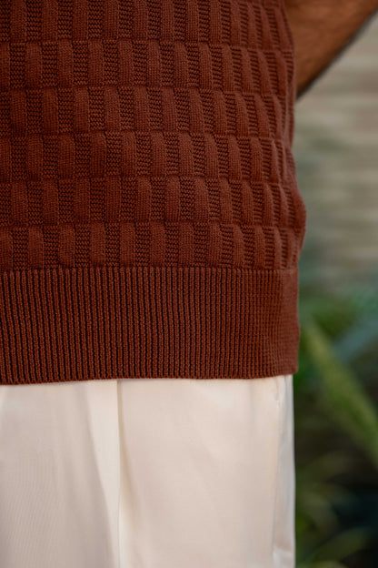 Pearl-Knit Polo Shirt in Burnt Brown