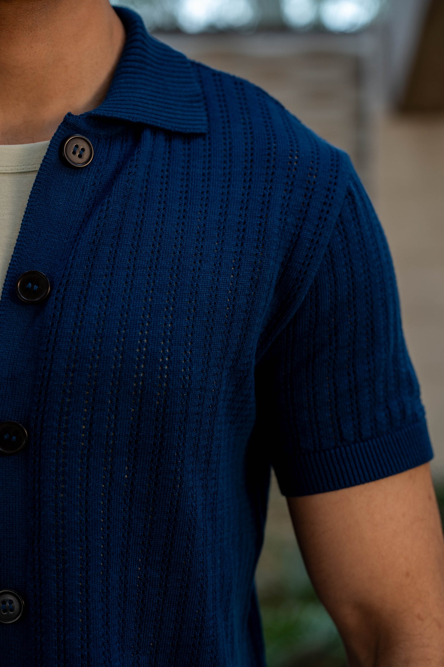 Pointelle-Knit Button Through Polo in Oxford Blue