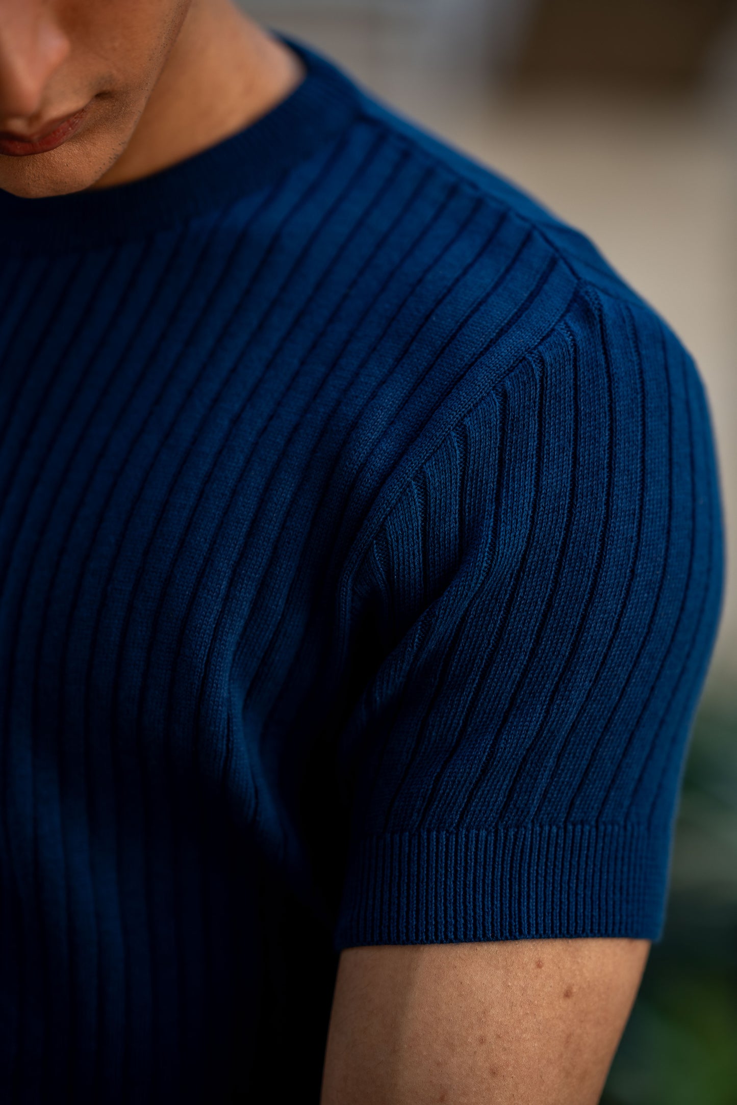 Rib-Knit Crew Neck in Oxford Blue