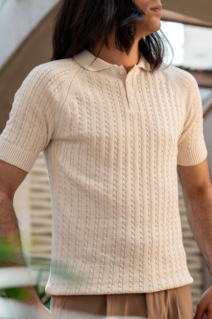 Cable-Knit Polo Shirt in Ivory