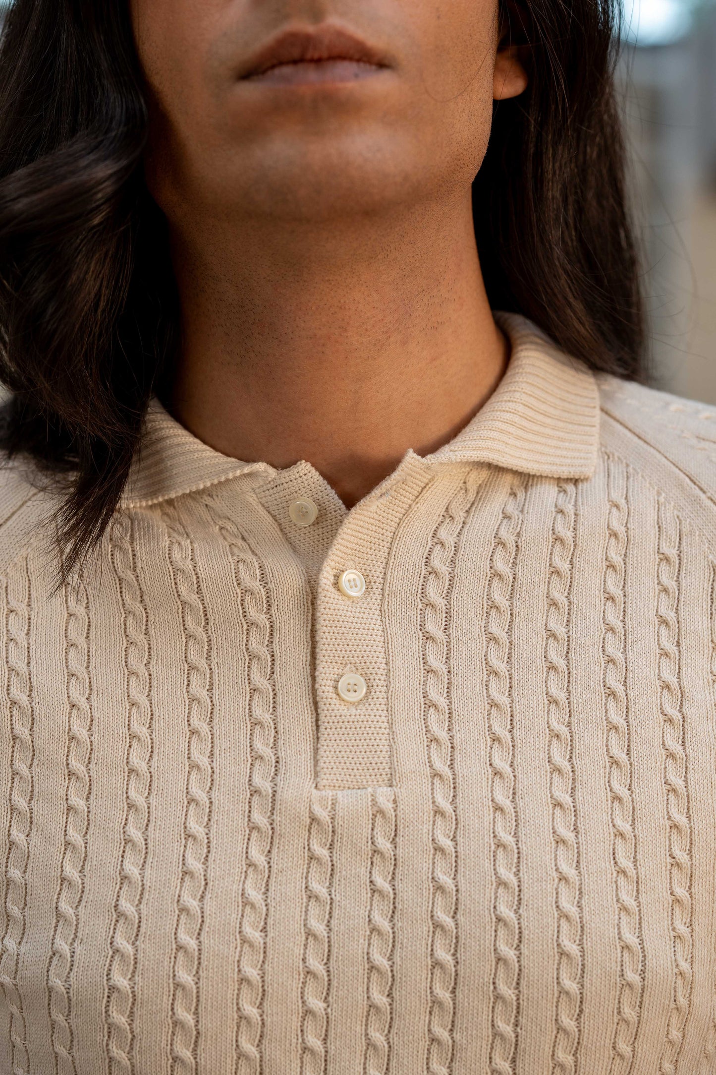 Cable-Knit Polo Shirt in Ivory