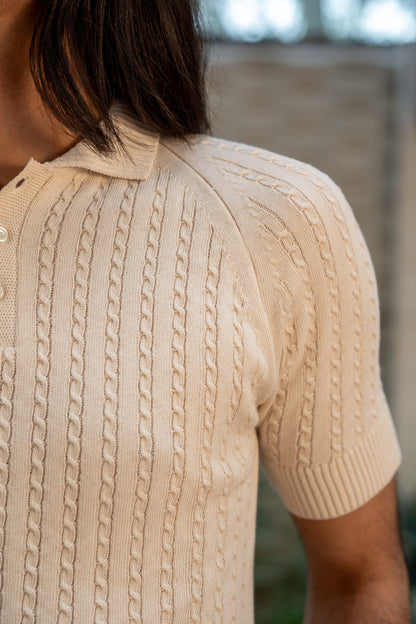 Cable-Knit Polo Shirt in Ivory