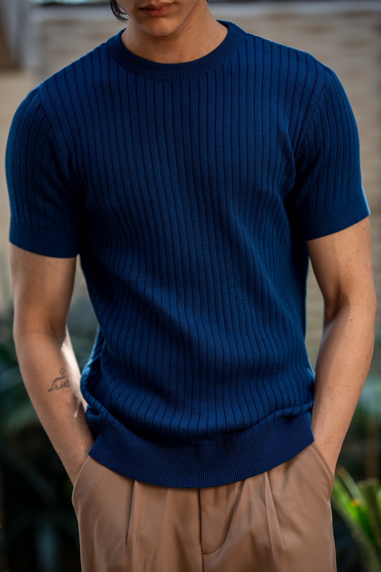 Rib-Knit Crew Neck in Oxford Blue