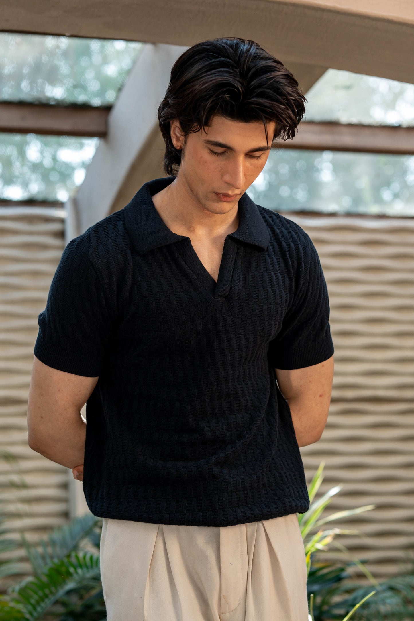 Pearl-Knit Polo Shirt in Black