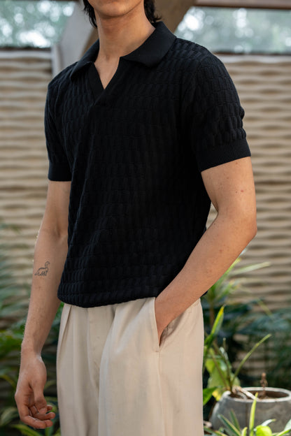 Pearl-Knit Polo Shirt in Black