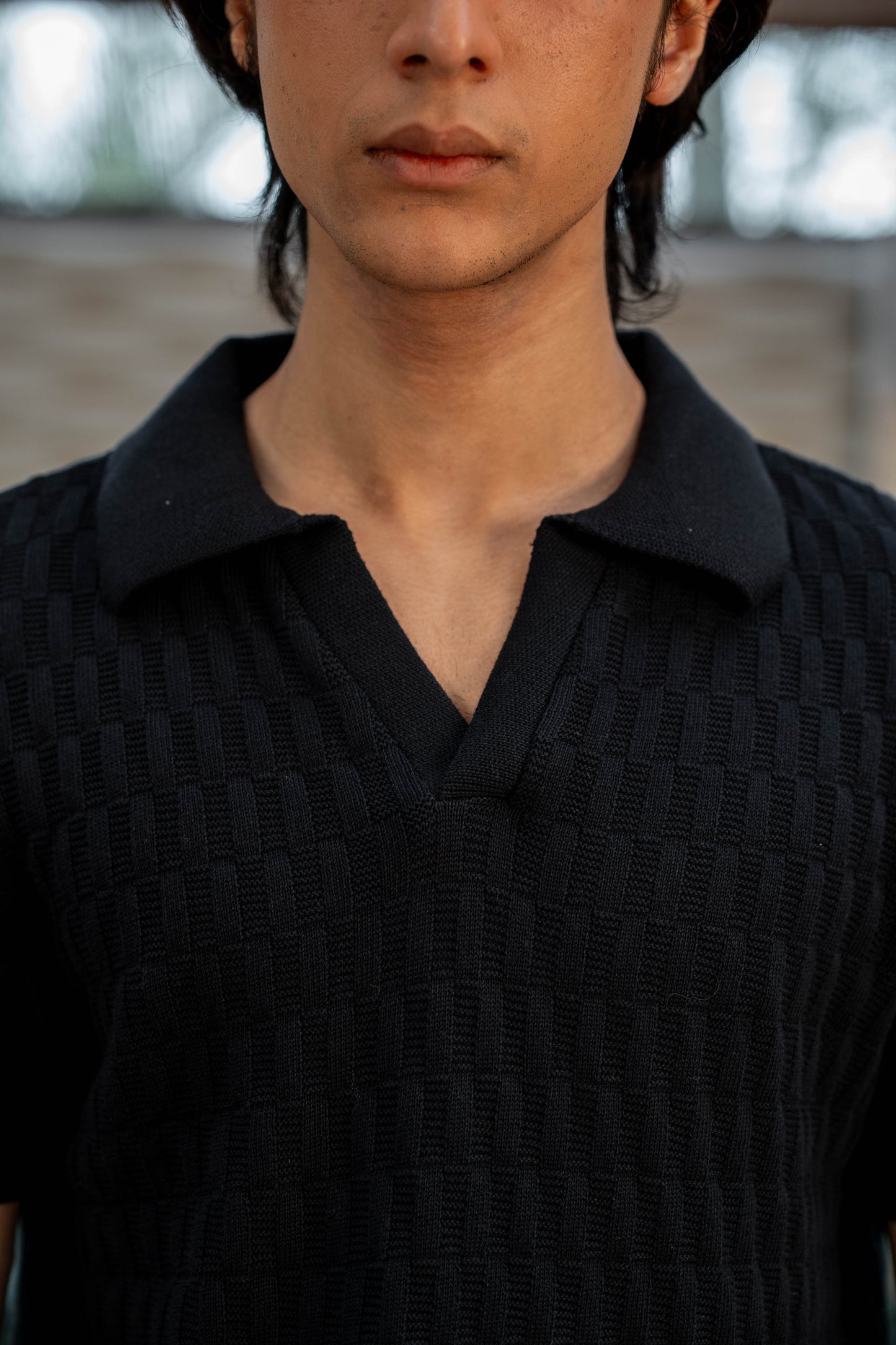 Pearl-Knit Polo Shirt in Black