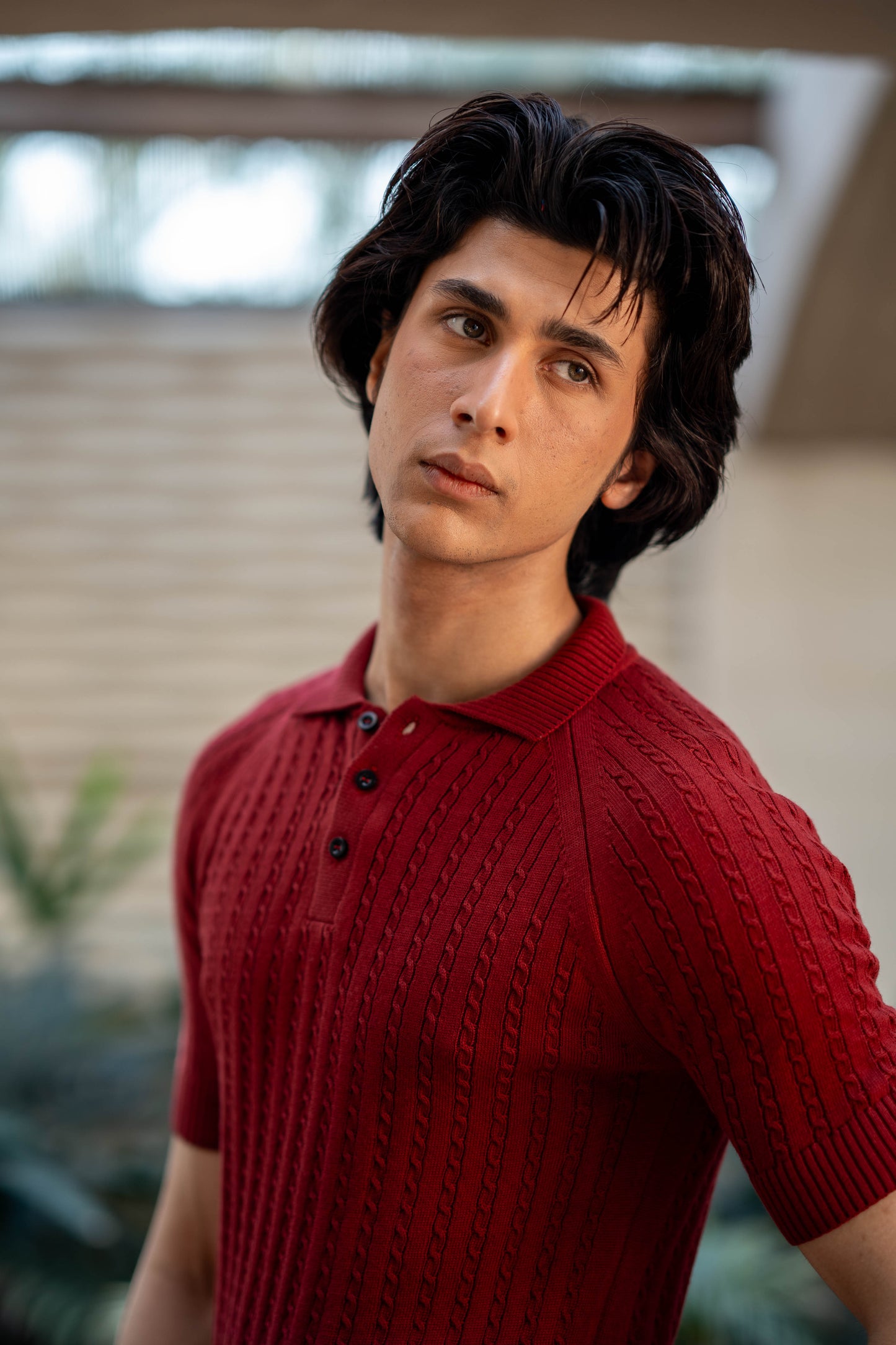 Cable-Knit Polo Shirt in Maroon