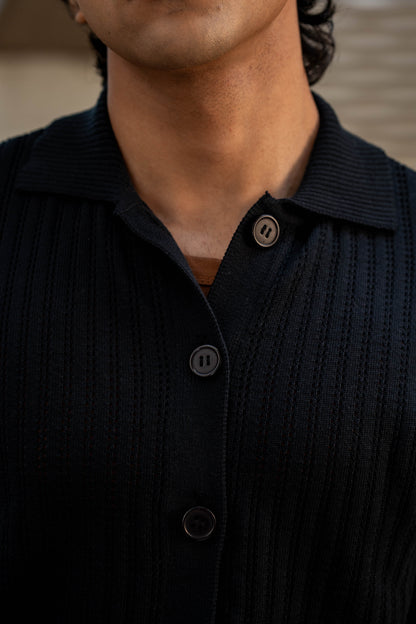 Pointelle-Knit Button Through Polo in Black